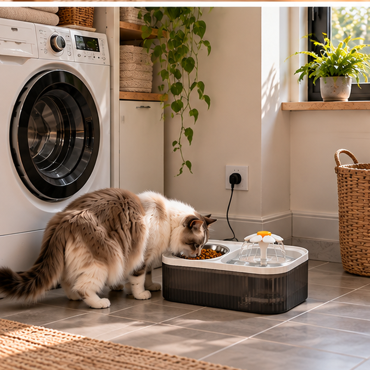 Gato comiendo en AquaFeed junto a la lavadora